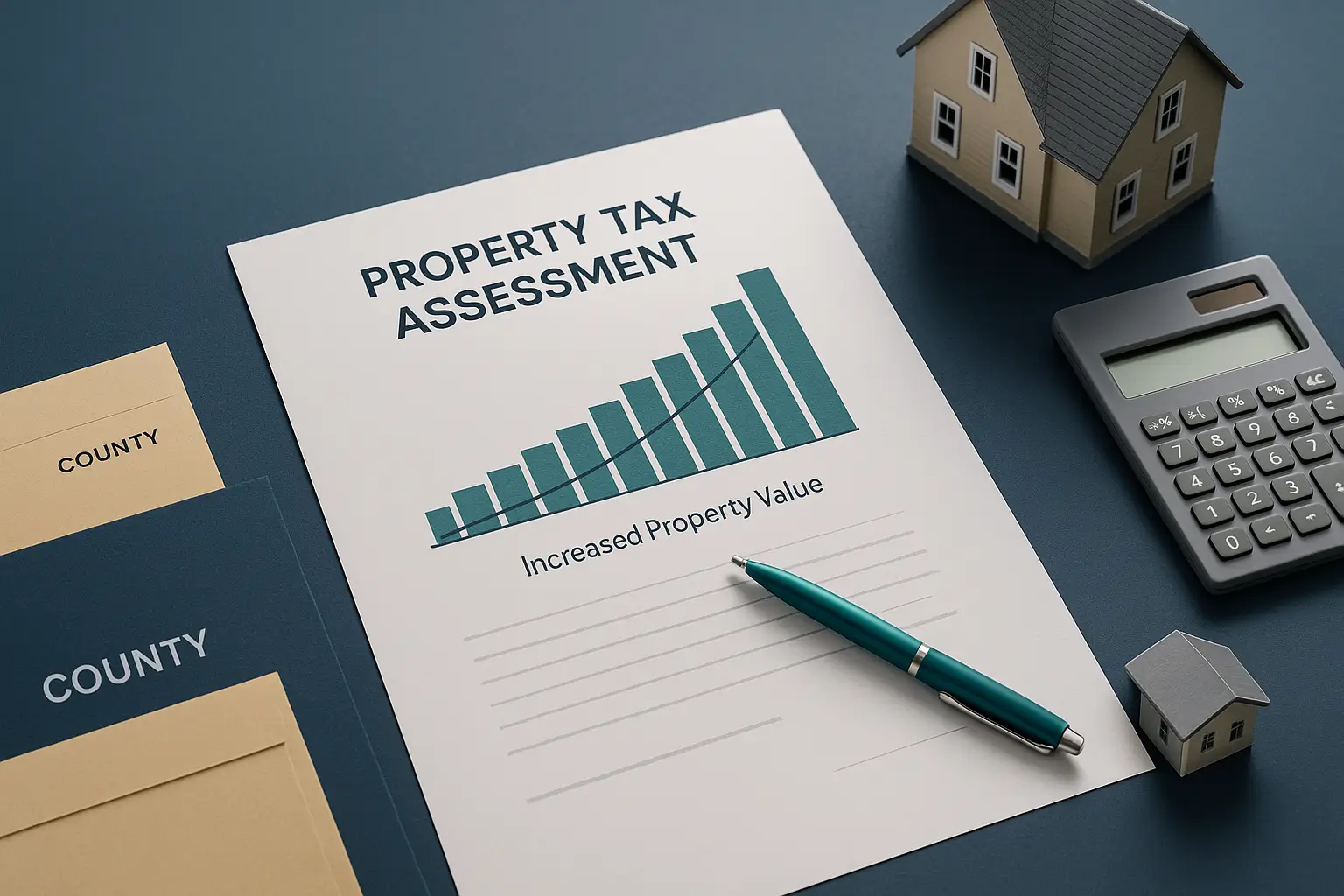 Property tax assessment report with rising chart, teal pen, and calculator on navy desk symbolizing reassessment and higher tax obligations after death in Pennsylvania probate.