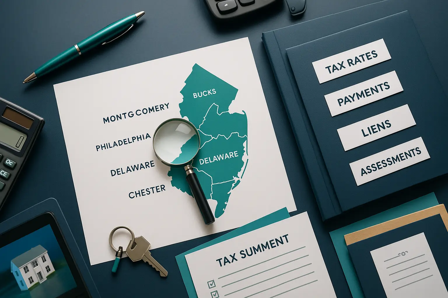 Pennsylvania county map with teal highlights, calculator, and folders on navy desk symbolizing local property tax variations and county differences in Pennsylvania probate.