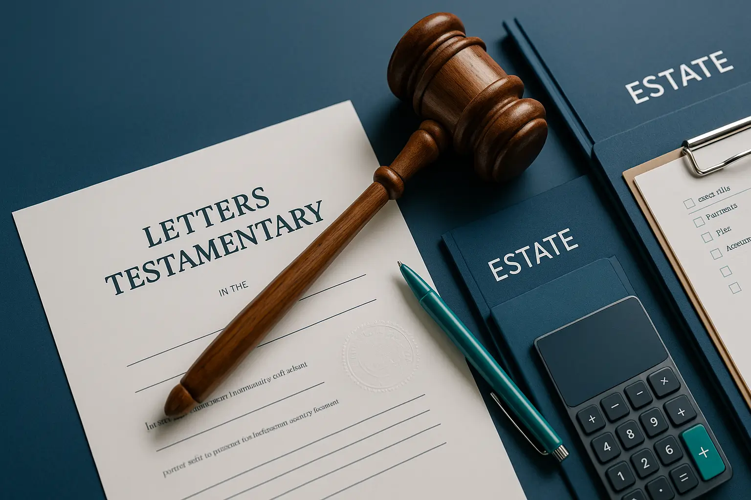 Legal document labeled Letters Testamentary with gavel teal pen and estate folders on navy desk symbolizing executor authority and responsible estate management in Pennsylvania probate.
