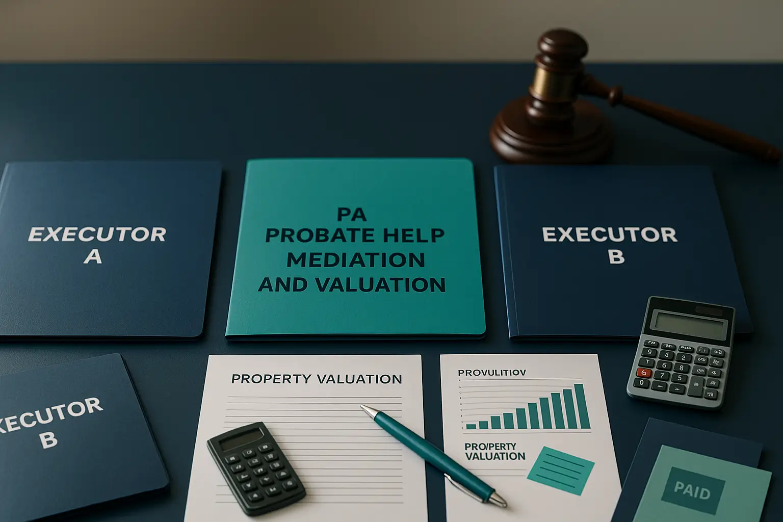 Executor folders and teal mediation folder with calculator and valuation chart on navy desk symbolizing co executor mediation and partition sale guidance in Pennsylvania probate.