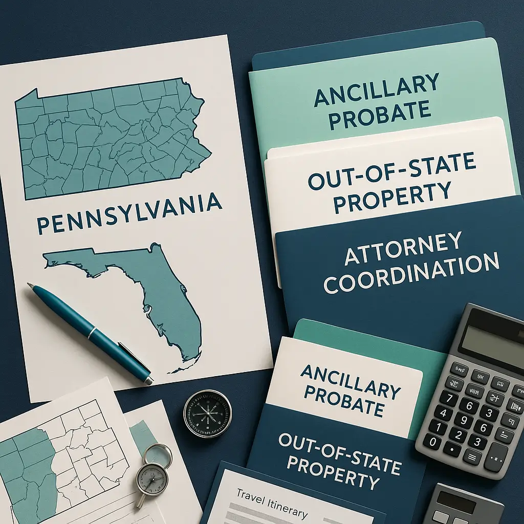 Two overlapping maps with teal pen compass and folders on navy desk symbolizing coordination of out of state estate property and ancillary probate for Pennsylvania executors.