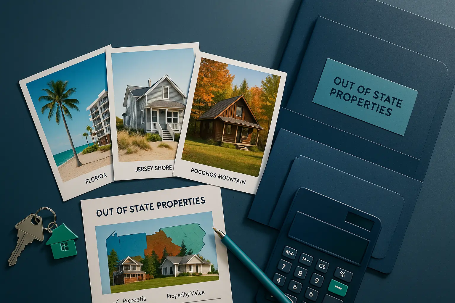Printed photos of beach condo coastal home mountain cabin and retirement house with teal pen and folder on navy desk symbolizing vacation home estate management for Pennsylvania executors.