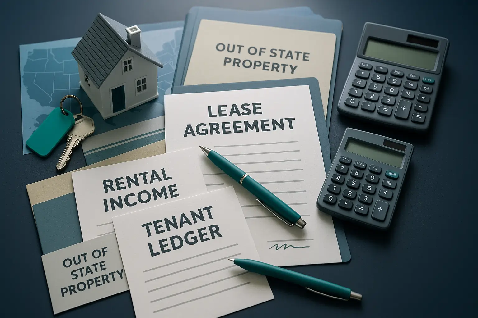 Stack of rental agreements with teal pen calculator and house key on navy desk symbolizing multi state estate property management and rental coordination for Pennsylvania executors.
