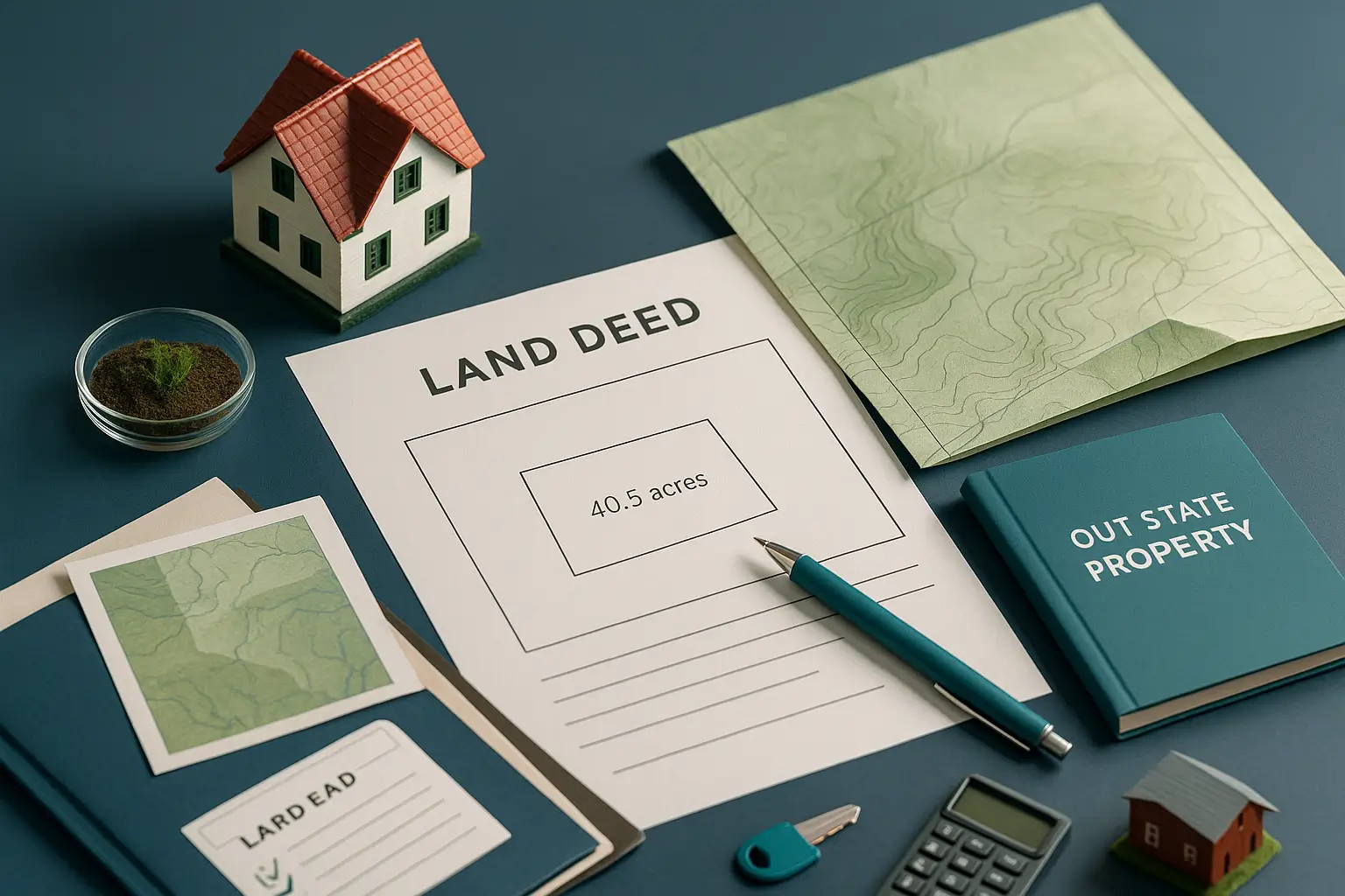 Land deed and topographic map with teal pen and farmhouse model on navy desk symbolizing inherited family land rural property and estate management for Pennsylvania executors.