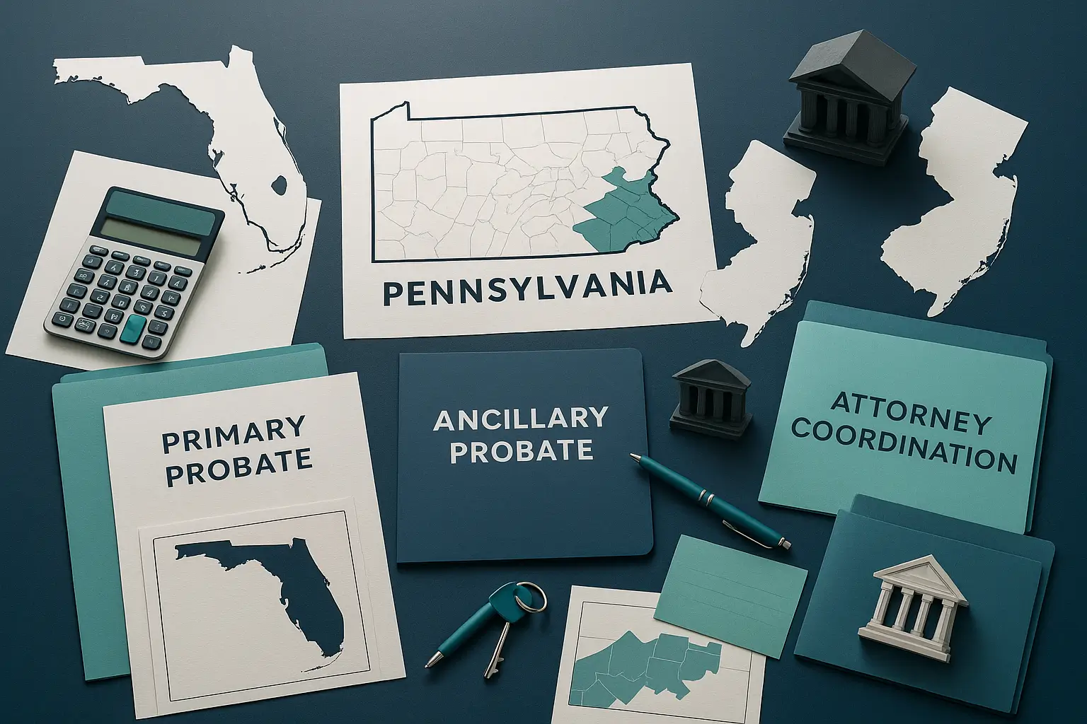 Pennsylvania map surrounded by other state maps with teal folders calculator and gavel on navy desk symbolizing multi state ancillary probate coordination for Pennsylvania estates.