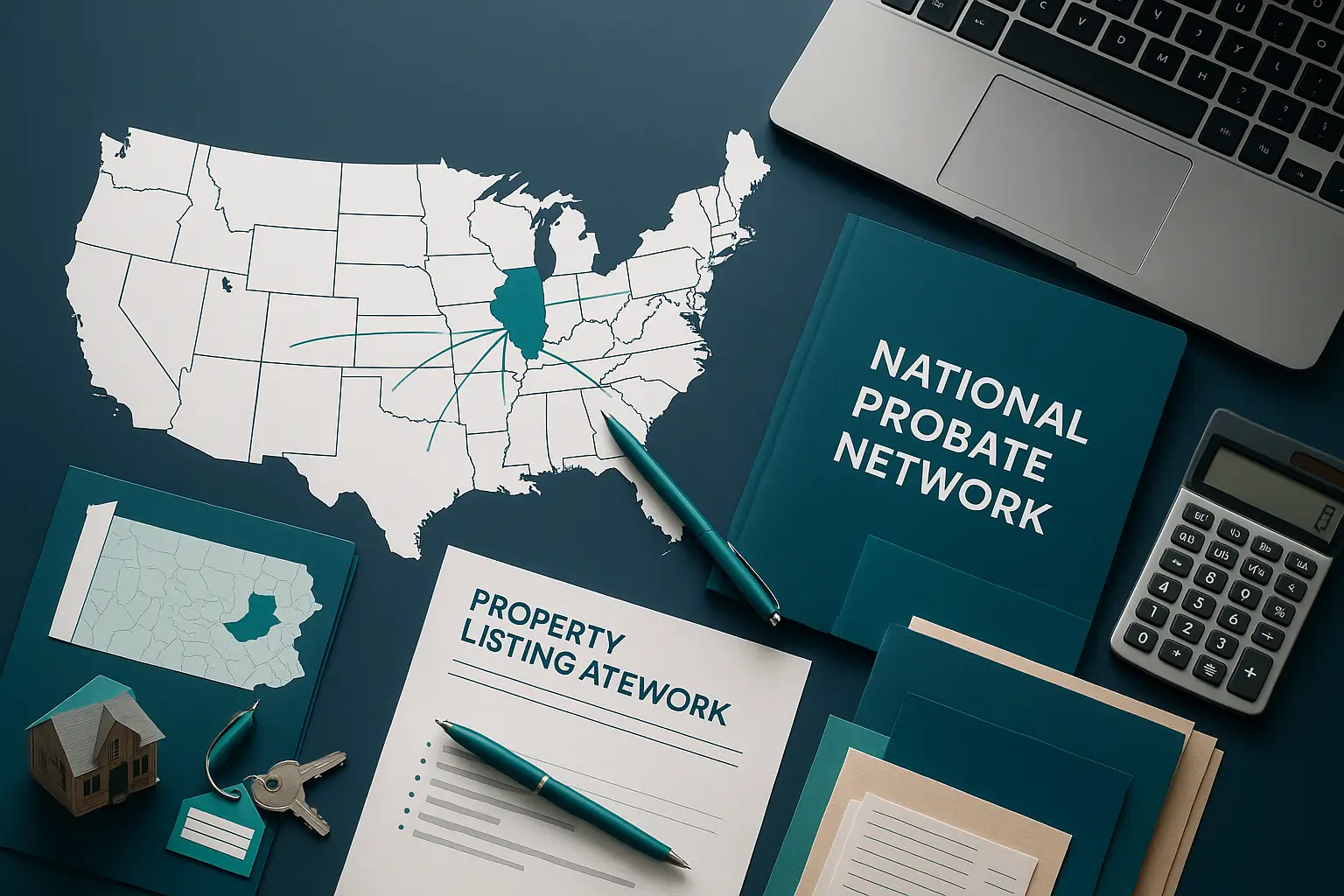 US map with Pennsylvania highlighted in teal and connected to other states with teal folder calculator and contact cards on navy desk symbolizing national probate coordination and out of state estate assistance.
