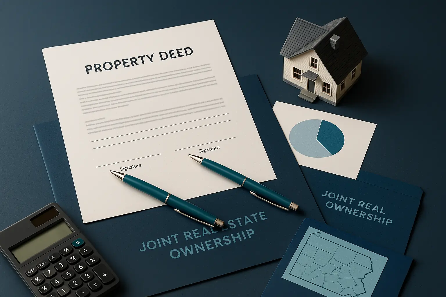 Property deed with two teal pens house model and ownership pie chart on navy desk symbolizing co owned real estate and inheritance tax calculation in Pennsylvania probate.