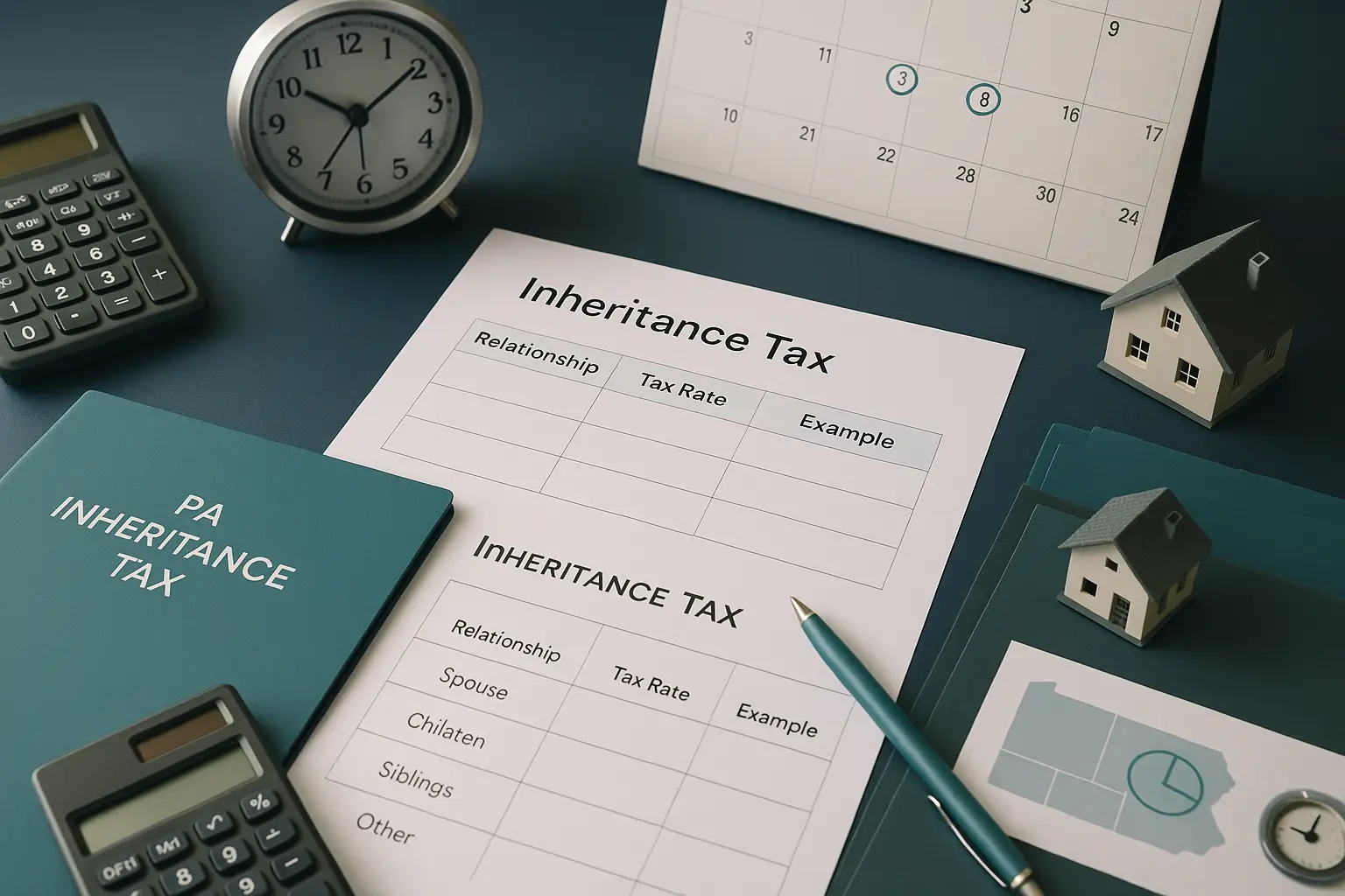 Calculator teal pen clock and inheritance tax summary sheet on navy desk symbolizing Pennsylvania inheritance tax rates deadlines and executor responsibilities.