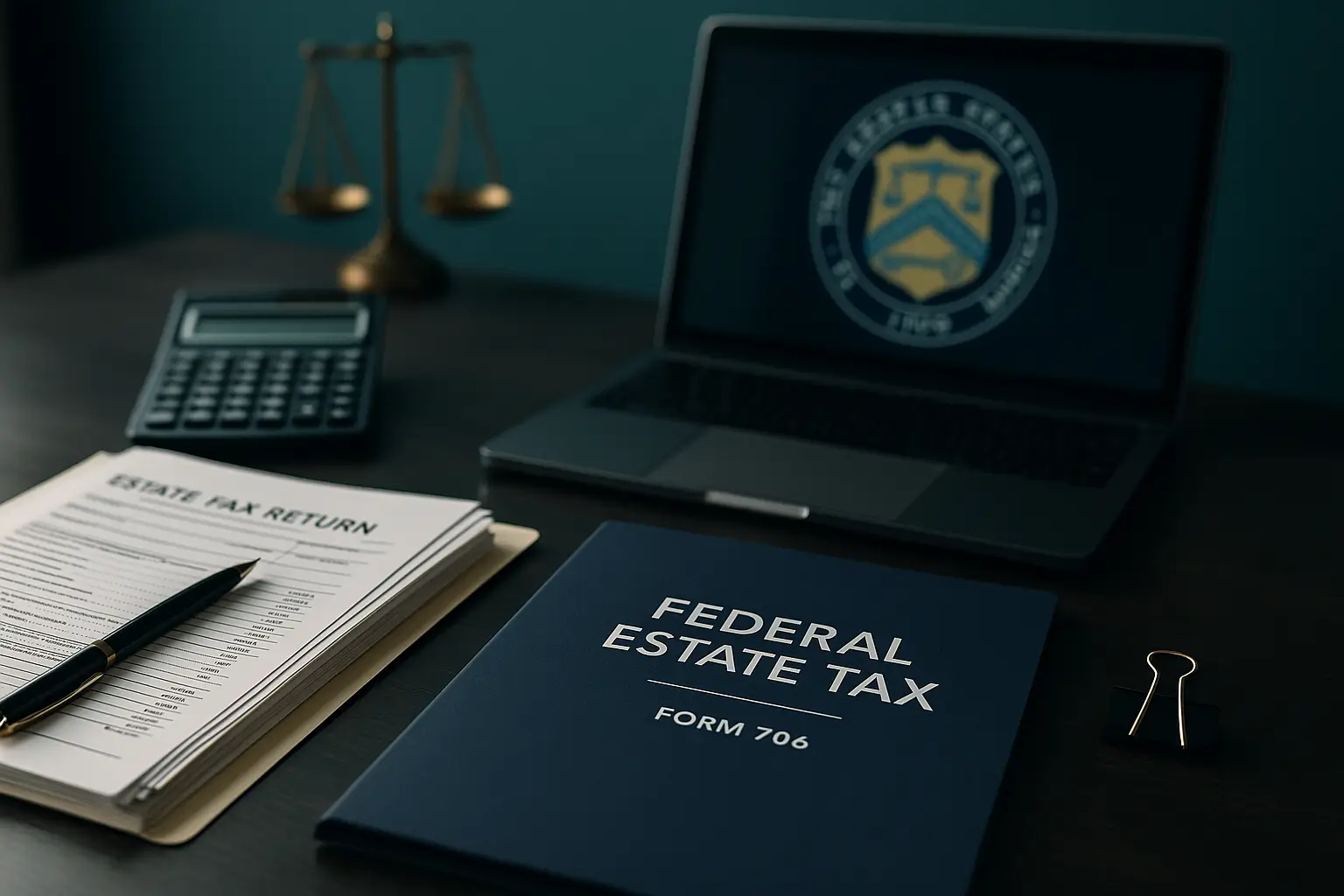Navy-blue desk with calculator tax forms and folder labeled Federal Estate Tax representing U.S. estate valuation and compliance documentation.