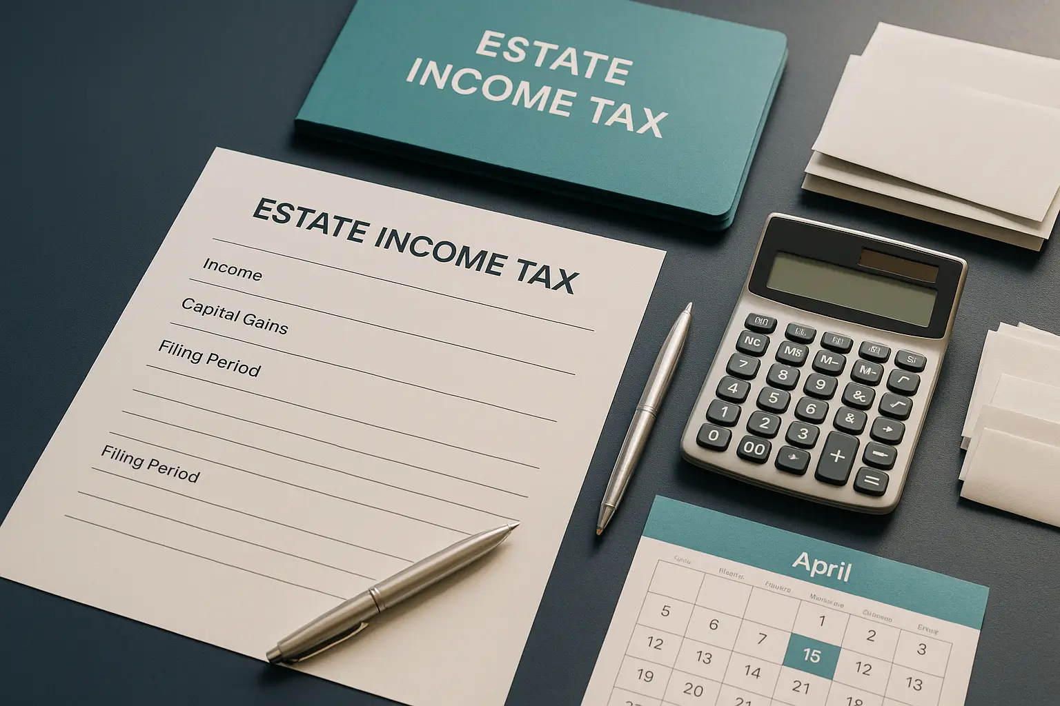 Navy-blue desk with calculator calendar tax documents and teal folder symbolizing estate income and capital gains tax preparation in Pennsylvania.