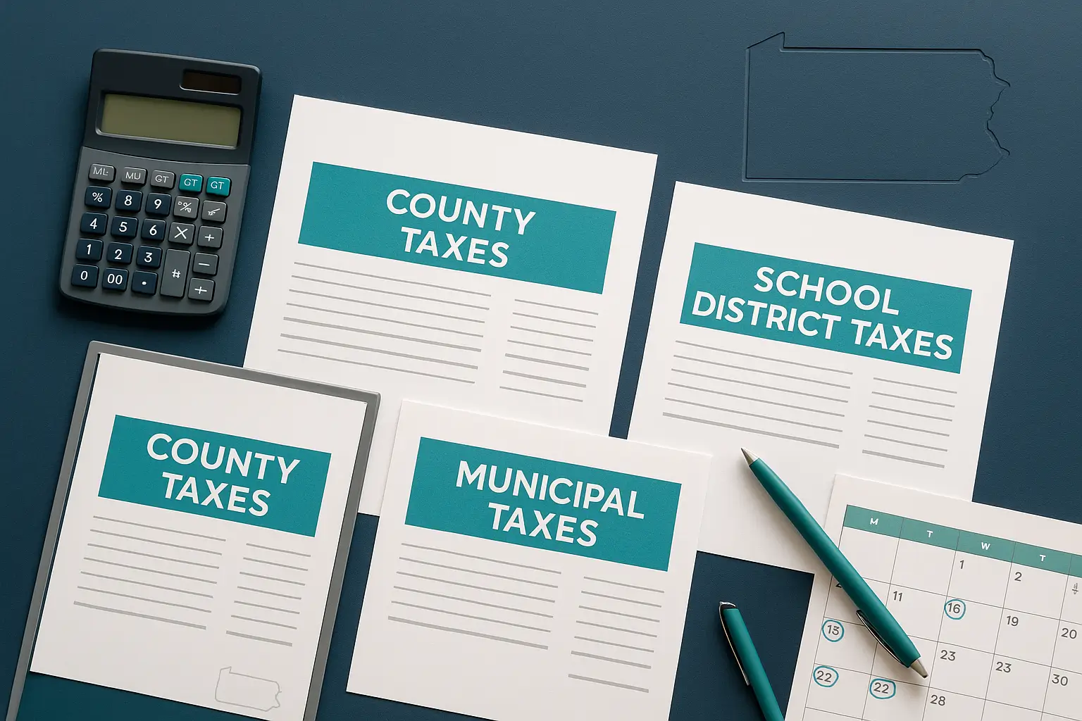 Navy-blue desk with three tax documents calculator and calendar symbolizing Pennsylvania county school and township property tax deadlines.