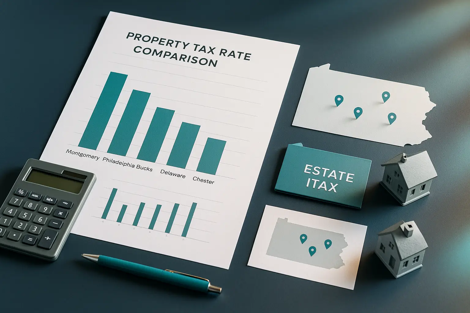 Modern workspace with tax rate chart and Pennsylvania county map illustrating high property tax variations across Montgomery Philadelphia Bucks Delaware and Chester counties.