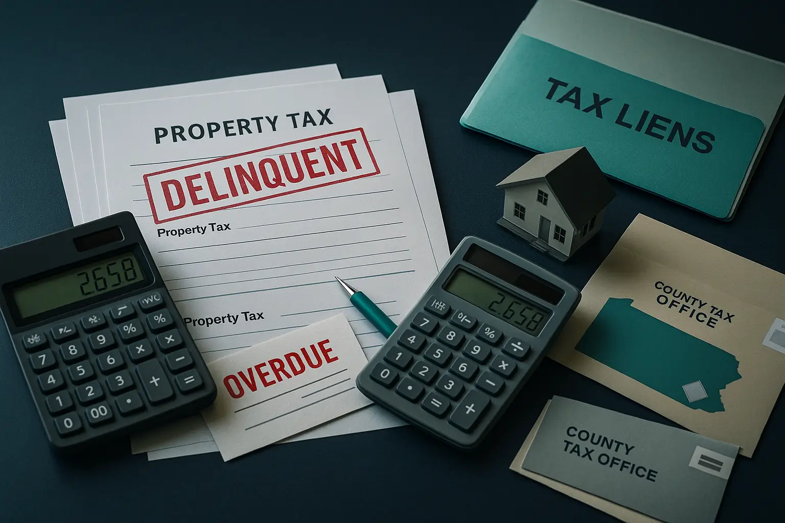 Navy-blue desk with overdue property tax bills calculator and house model representing delinquent Pennsylvania property taxes owed by an estate.
