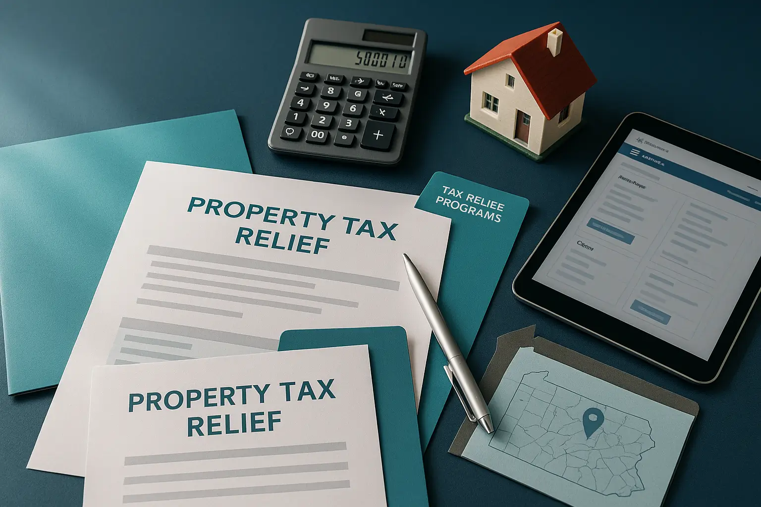 Navy-blue desk with tax relief forms calculator house model and teal folder symbolizing Pennsylvania homestead exemption and property tax rebate programs during probate.