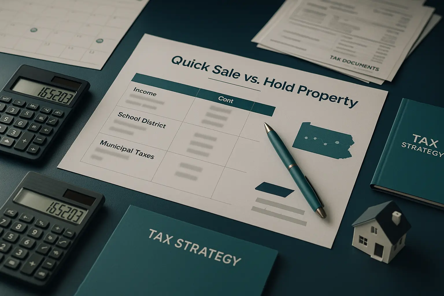 Navy-blue desk with calculator house model and comparison chart representing executor decision-making on Pennsylvania property sale strategy and ongoing tax costs.
