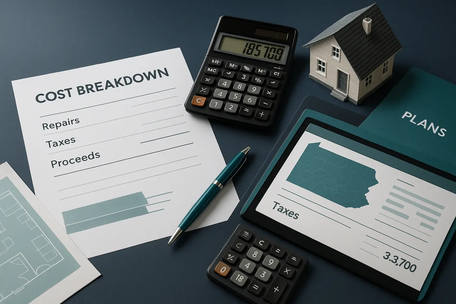 Navy-blue desk with financial documents calculator house model and teal pen symbolizing repair investment analysis and property sale strategy for Pennsylvania estates.