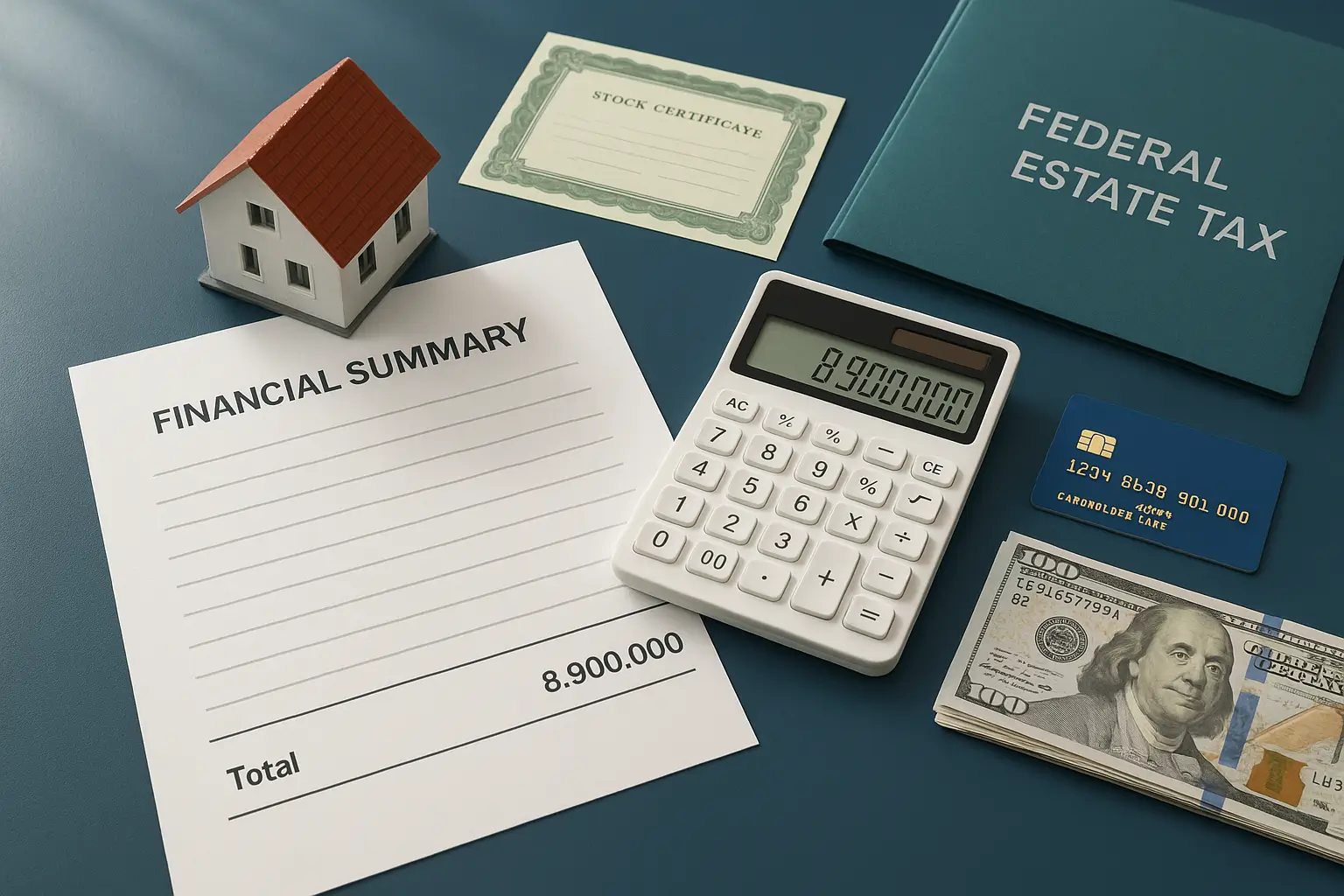 Navy-blue desk with financial documents calculator house model bank card and stock certificate symbolizing worldwide asset inclusion for federal estate tax exemption.