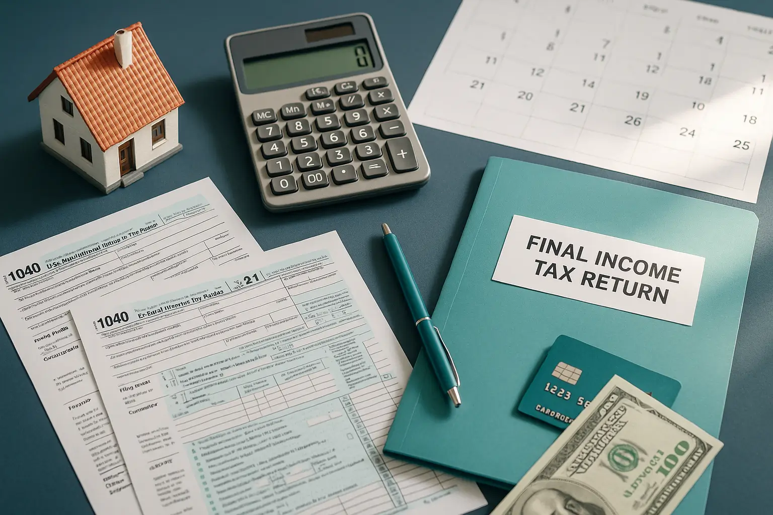 Navy-blue desk with IRS-style tax documents calculator calendar and house model symbolizing final income tax filing for deceased Pennsylvania estate.