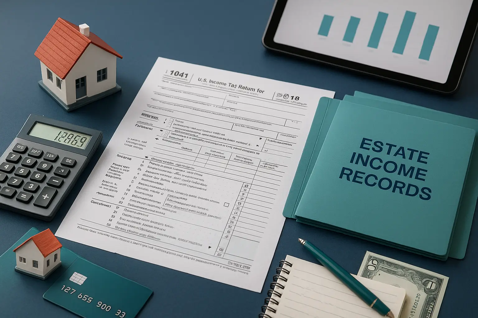 Navy-blue desk with financial forms calculator house model and teal folder symbolizing estate income tax filing for interest dividends and property income during probate.