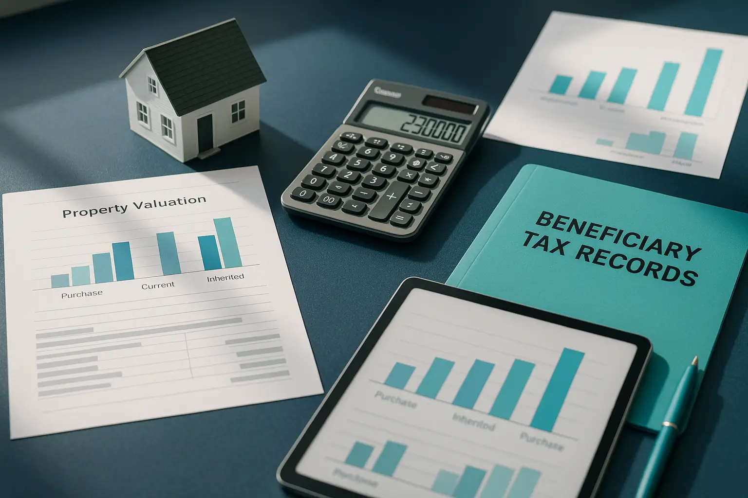 Navy-blue desk with property valuation documents calculator and house model symbolizing inheritance tax reporting and step-up in basis for beneficiaries.