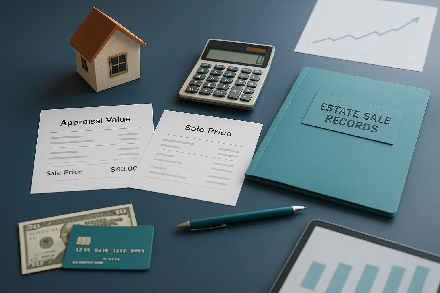 Navy-blue desk with appraisal and sale documents calculator and house model symbolizing estate property sale and capital gains tax calculation during probate.