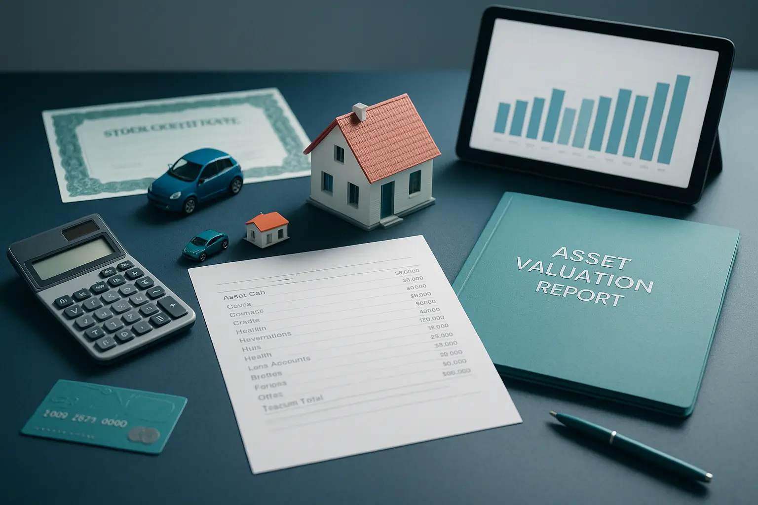 Navy-blue desk with valuation documents calculator house model car and stock certificate symbolizing estate asset appraisal and fair market value determination.