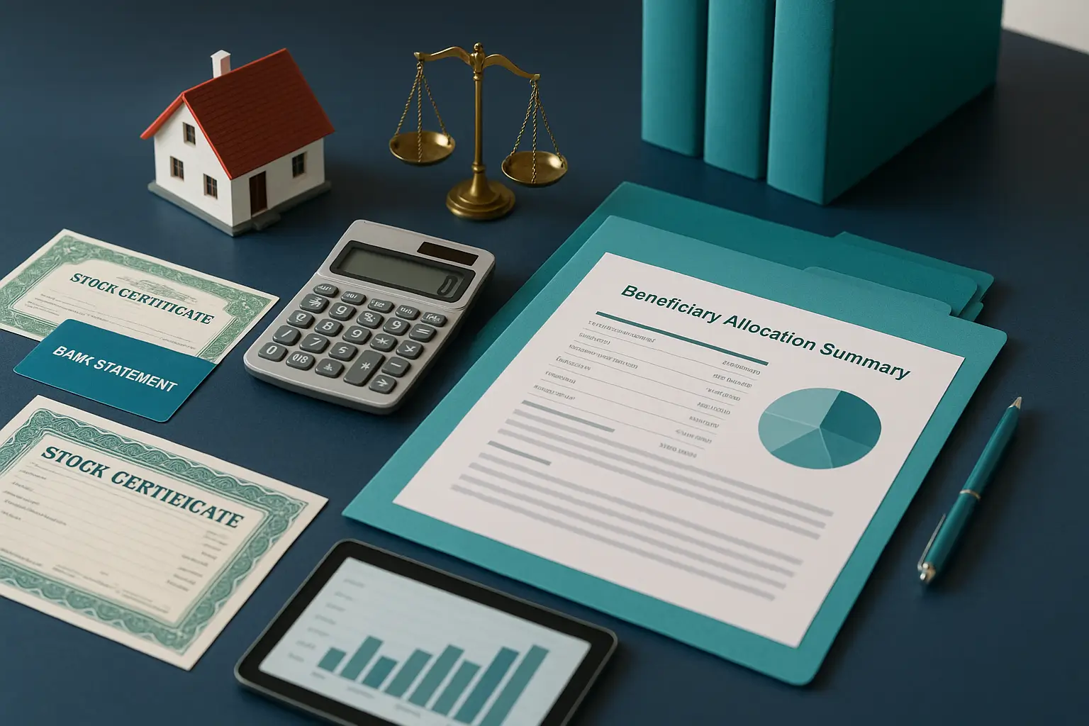 Professional navy-blue workspace with calculator house model and teal folders representing PA Probate Help executor process for allocating estate assets among beneficiaries.