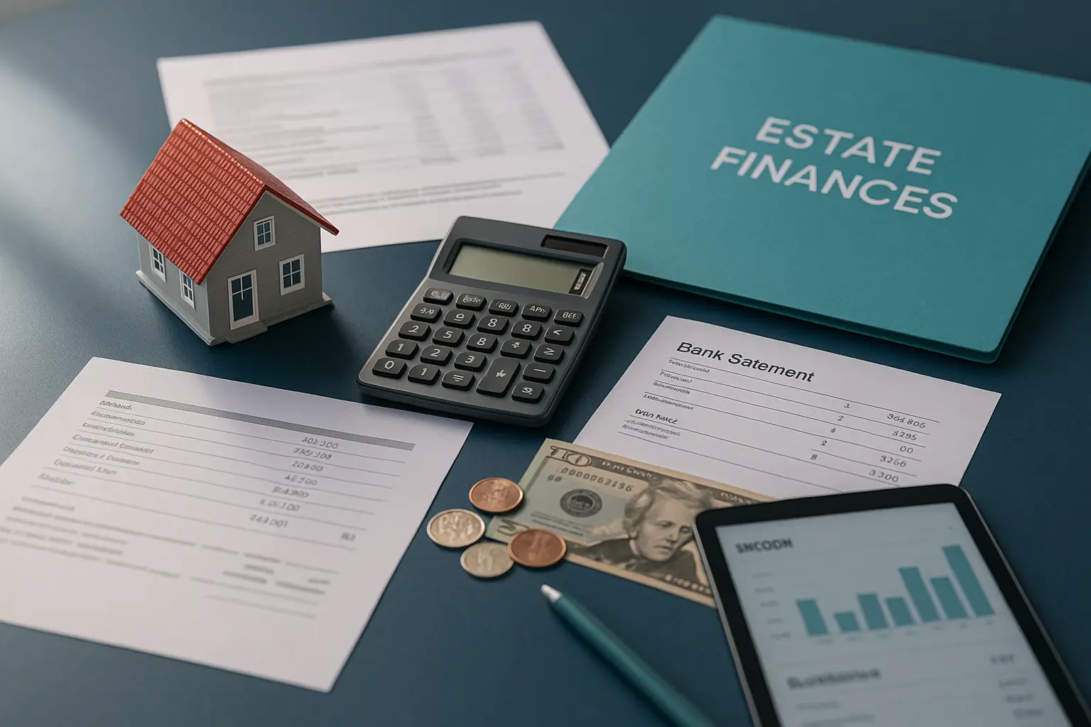 Professional navy-blue desk with house model calculator and financial documents illustrating PA Probate Help real estate liquidity problem in inheritance tax situations.