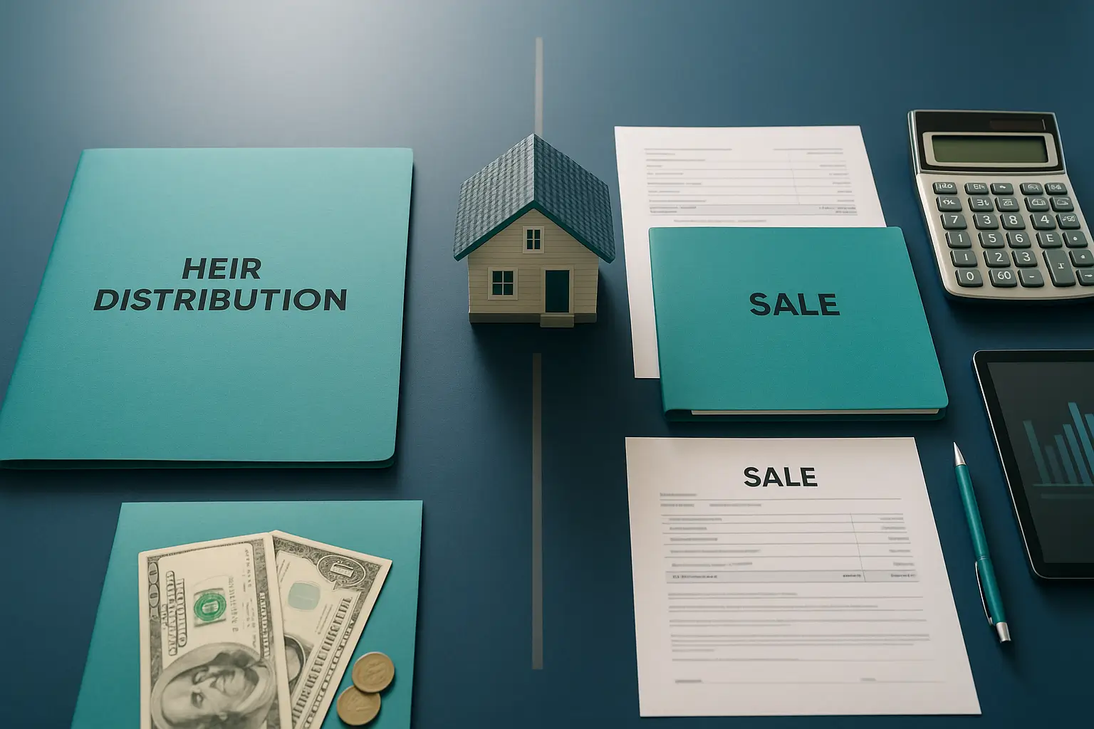 Navy-blue desk with house model, teal folders, calculator, and sale papers symbolizing PA Probate Help property distribution versus sale inheritance tax strategy.