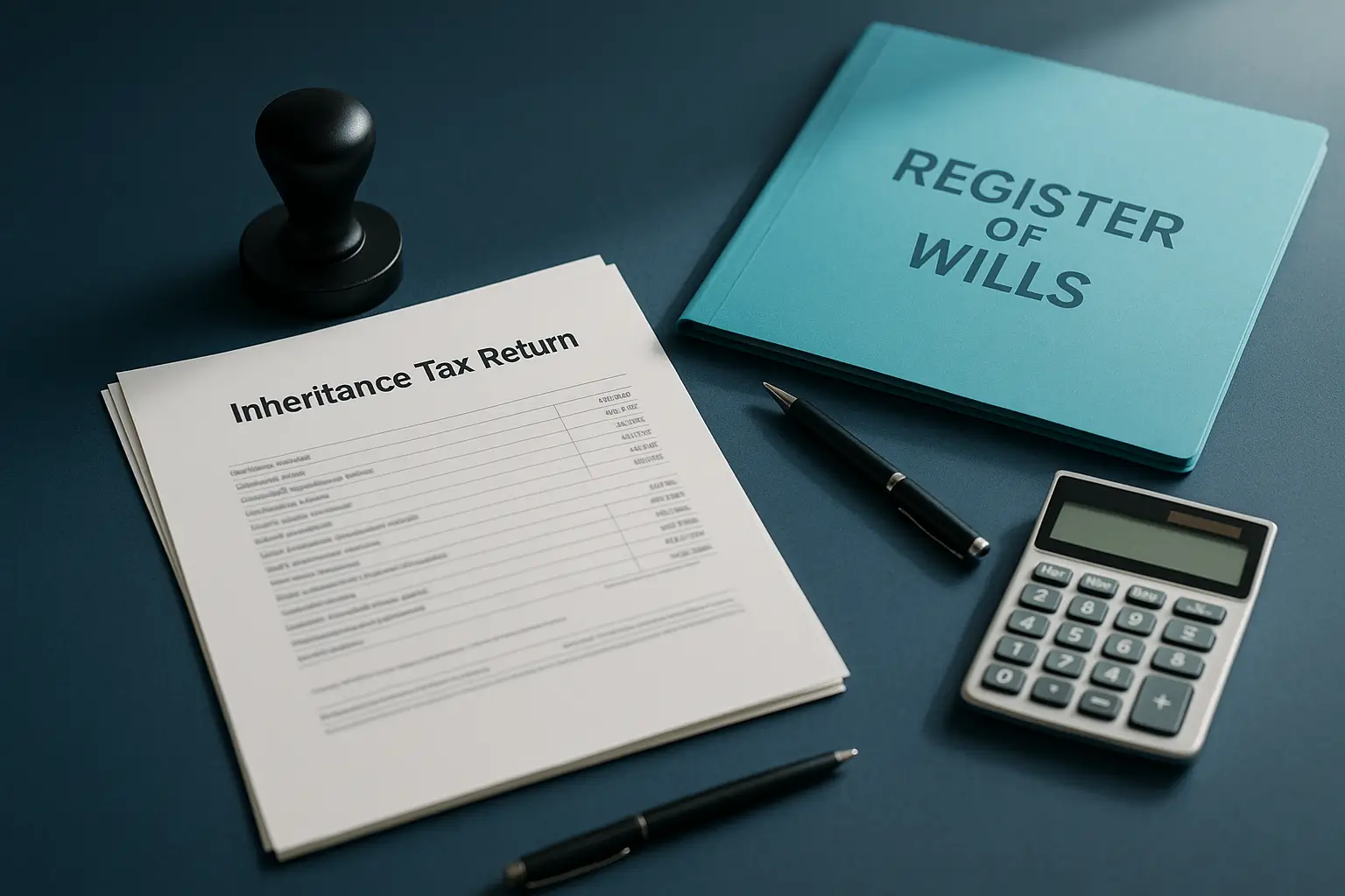Navy-blue executor desk with inheritance tax documents, calculator, seal stamp, and teal folder representing PA Probate Help inheritance tax filing process with Register of Wills.
