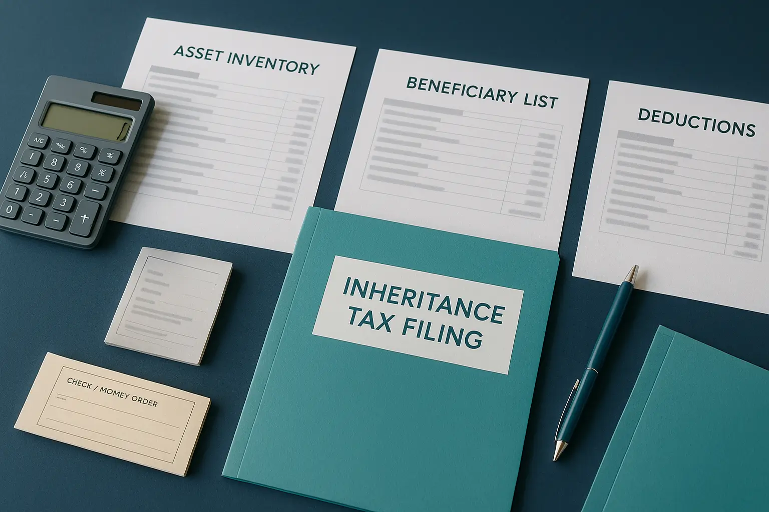 Navy-blue desk with inheritance tax documents, calculator, checkbook, and teal folder representing PA Probate Help inheritance tax filing and asset documentation process.