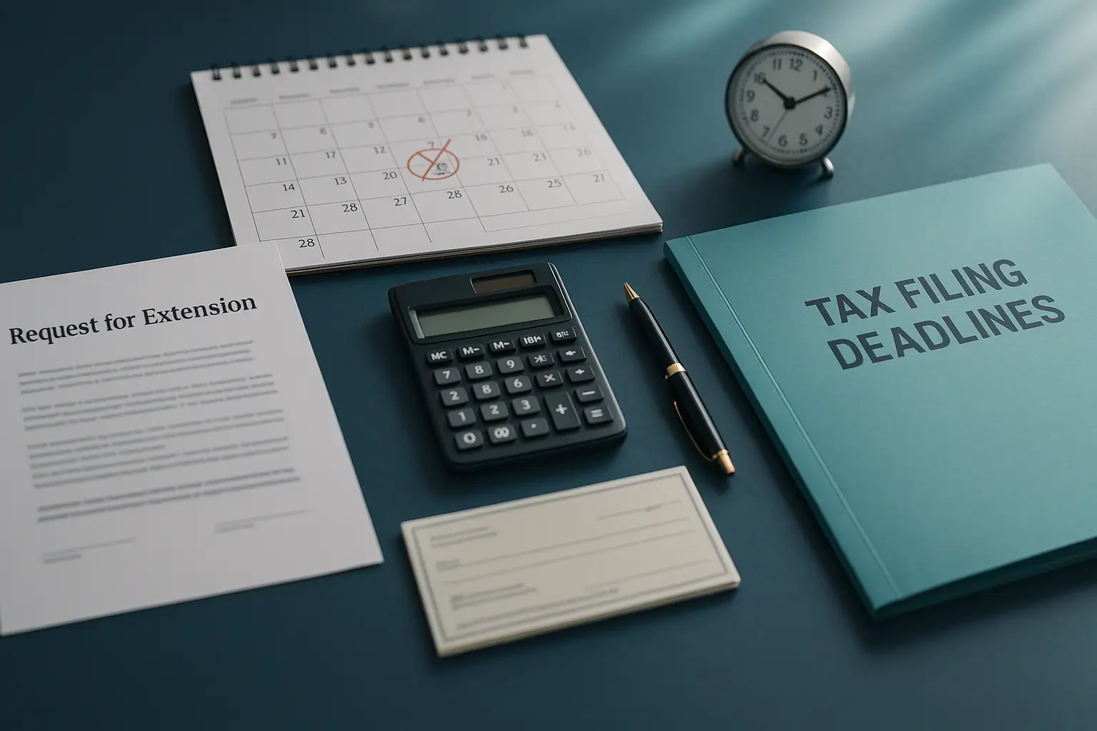Navy-blue executor desk with Request for Extension form, calendar, clock, and teal folder symbolizing PA Probate Help inheritance tax extension filing and deadline management process.