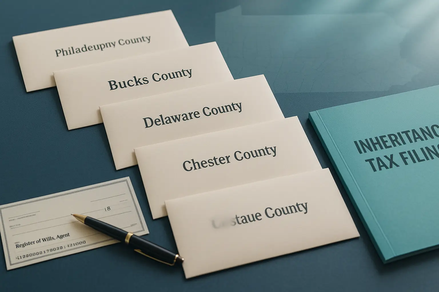 Navy-blue desk with envelopes labeled Pennsylvania counties, checkbook addressed to Register of Wills, and teal folder symbolizing PA Probate Help county inheritance tax filing process.
