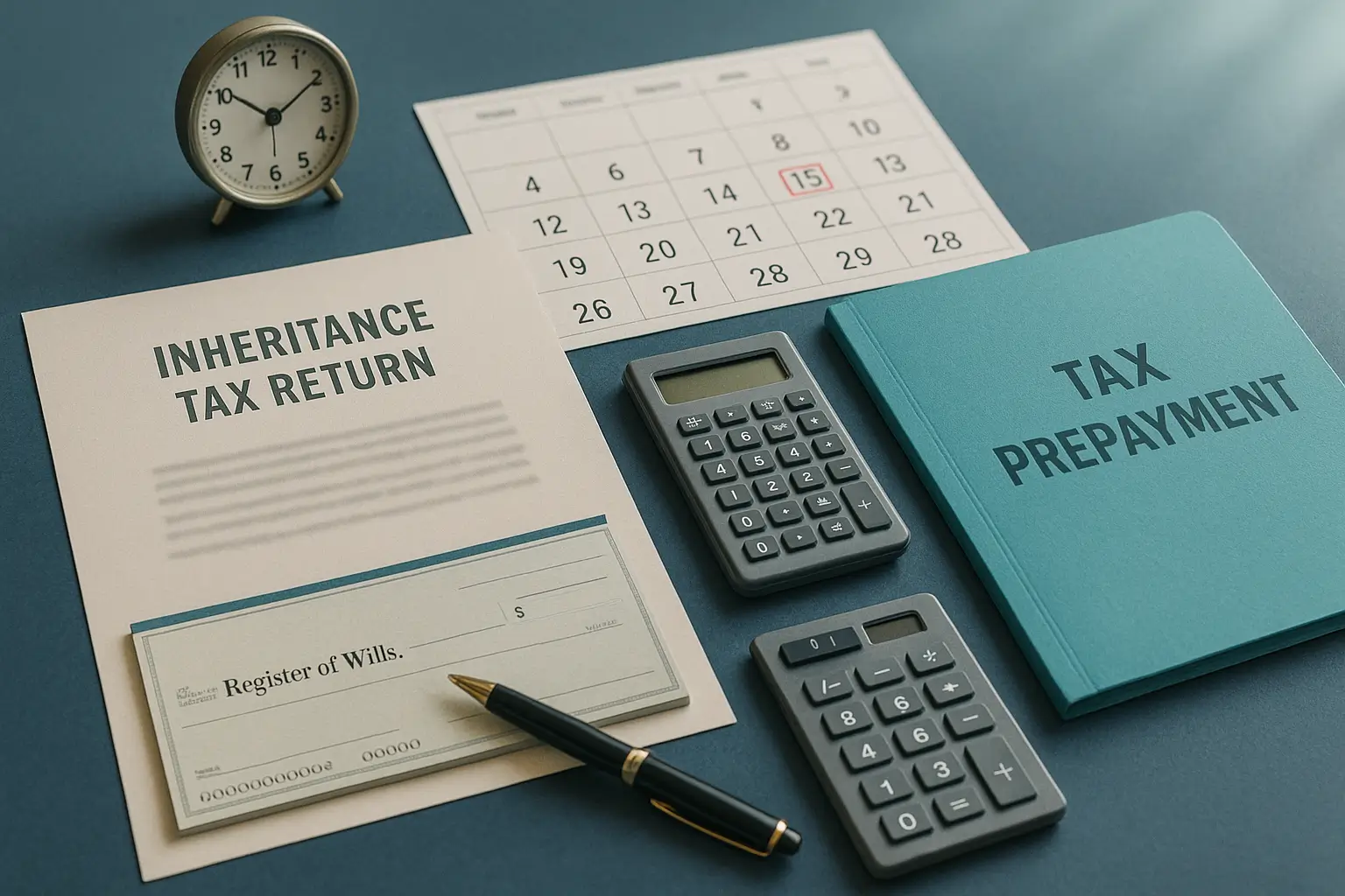 Navy-blue executor desk with calendar marked for 3-month inheritance tax deadline, checkbook, calculator, and teal folder symbolizing PA Probate Help early prepayment strategy for Pennsylvania tax discount.