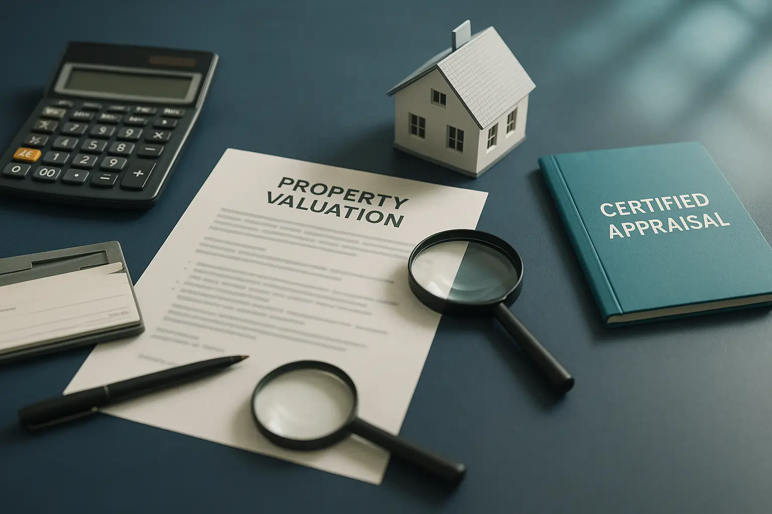 Navy-blue desk with appraisal documents, calculator, house model, and teal folder symbolizing PA Probate Help accurate property valuation and estate tax compliance for Pennsylvania executors.