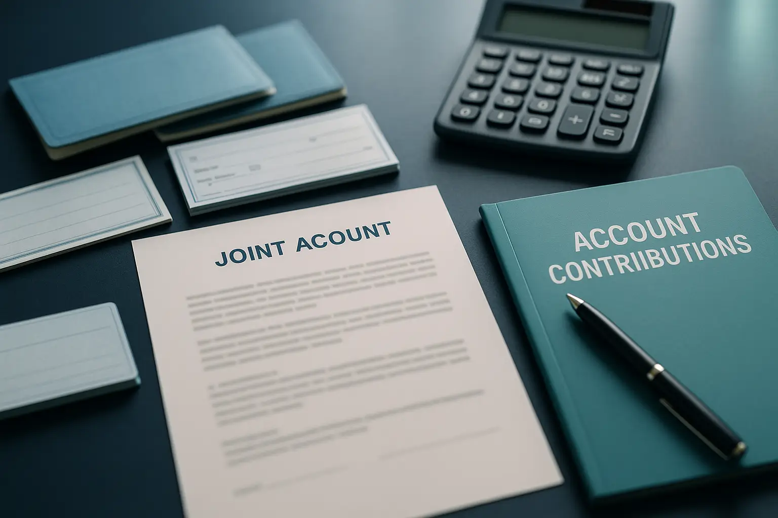 Navy-blue desk with joint account documents, calculator, two checkbooks, and teal folder symbolizing PA Probate Help financial review for Pennsylvania inheritance tax on shared property.