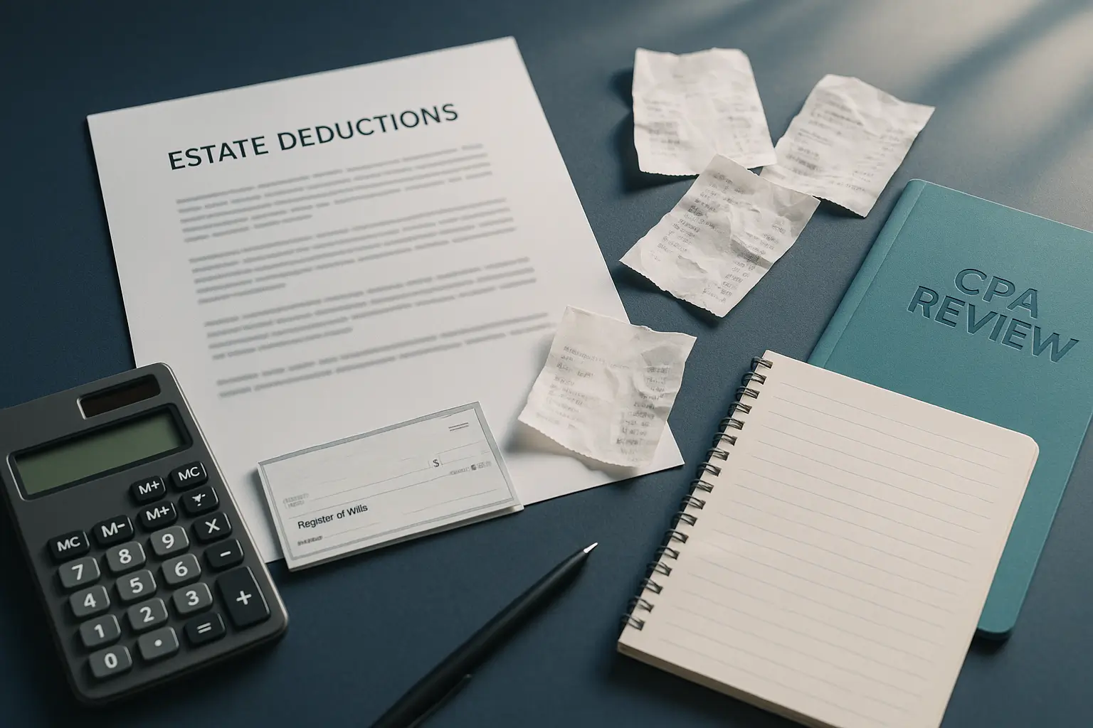 Navy-blue desk with tax documents, calculator, receipts, and teal folder symbolizing PA Probate Help executor guidance for identifying allowable Pennsylvania inheritance tax deductions.