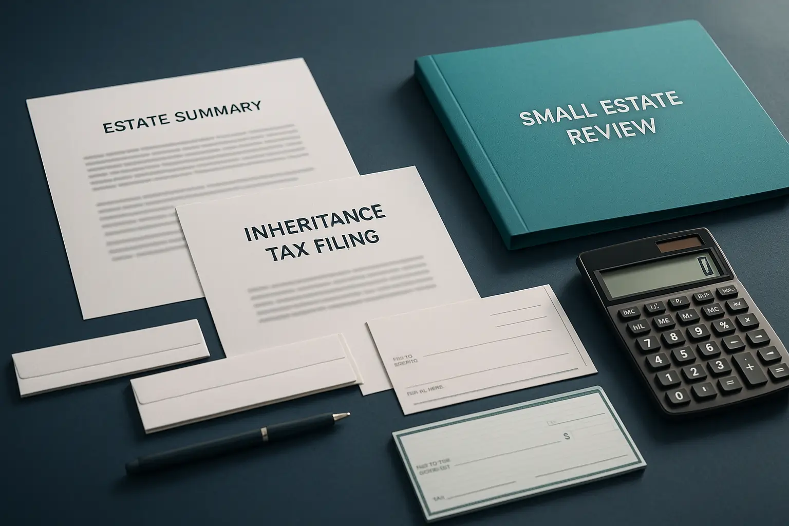 Navy-blue desk with estate summary documents, calculator, and teal folder symbolizing PA Probate Help executor review of small estate inheritance tax obligations in Pennsylvania.