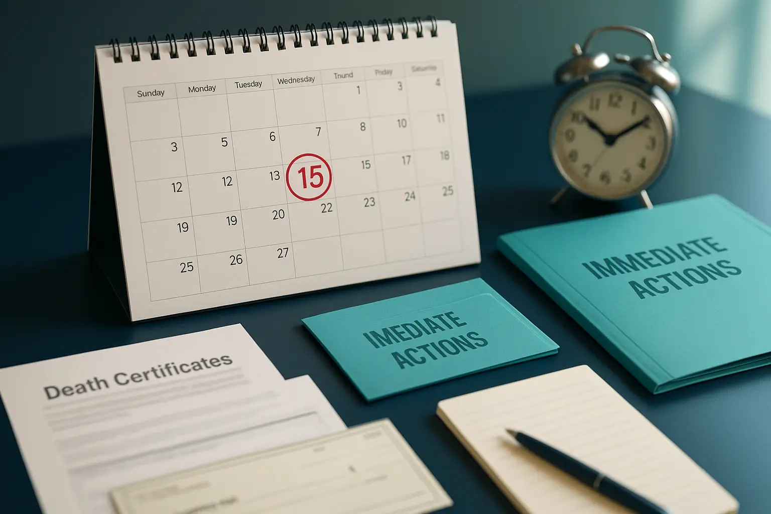 Navy-blue desk with calendar, clock, and estate documents symbolizing PA Probate Help executor management of Pennsylvania property and tax deadlines beginning at the date of death.