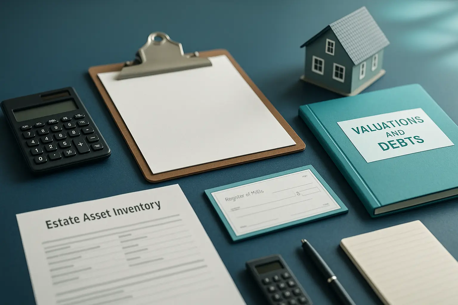 Navy-blue desk with estate inventory documents, calculator, and teal folder symbolizing PA Probate Help executor valuation of Pennsylvania estate assets and property appraisals for inheritance tax compliance.