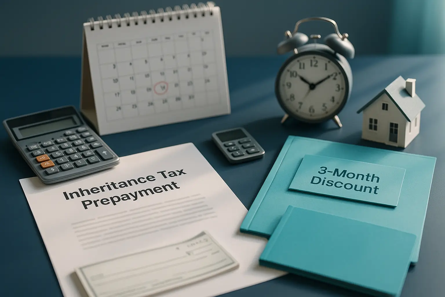 Navy-blue desk with inheritance tax documents, calculator, and teal folder symbolizing PA Probate Help executor payment planning to capture Pennsylvania inheritance tax discount by 3-month deadline.