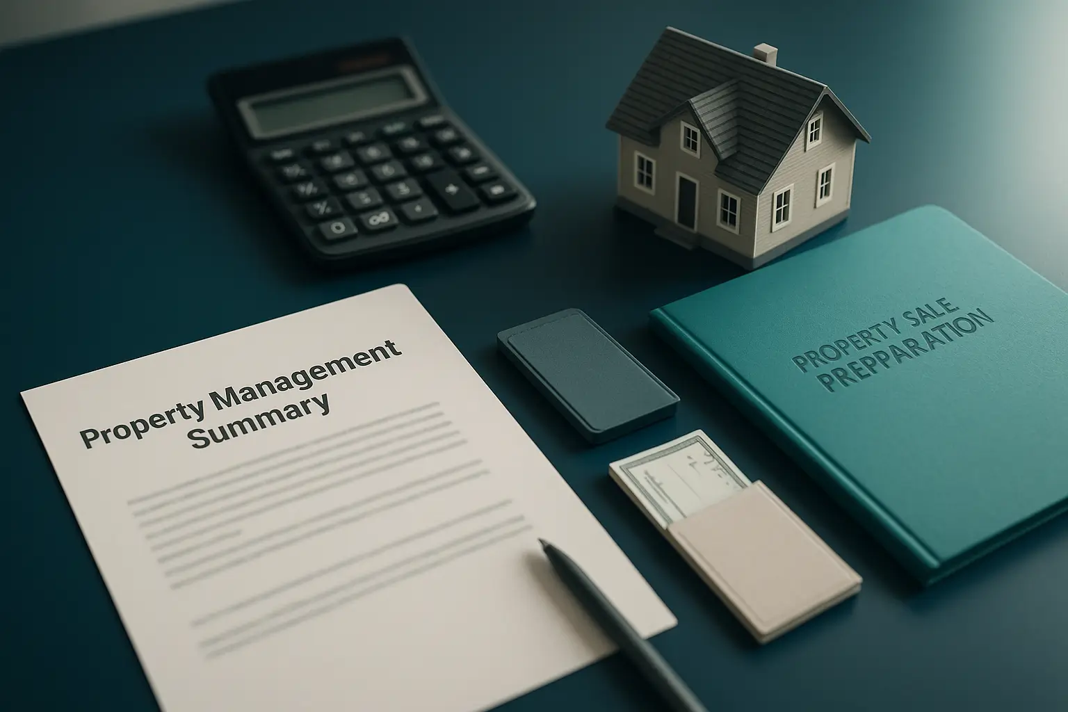 Navy-blue desk with property management documents, calculator, teal folder, and house model symbolizing PA Probate Help executor coordination of Pennsylvania estate property maintenance and sales during probate months 3 to 6.