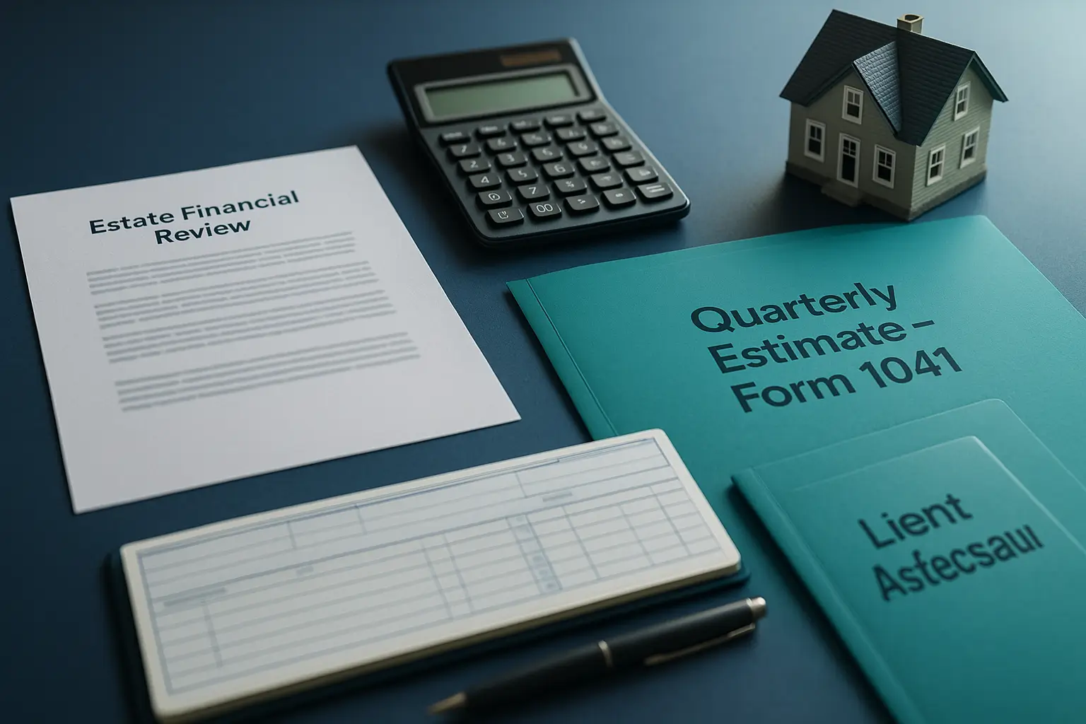 Navy-blue desk with estate financial review documents, calculator, and teal folder symbolizing PA Probate Help executor’s mid-year assessment of Pennsylvania estate income, taxes, and cash flow.