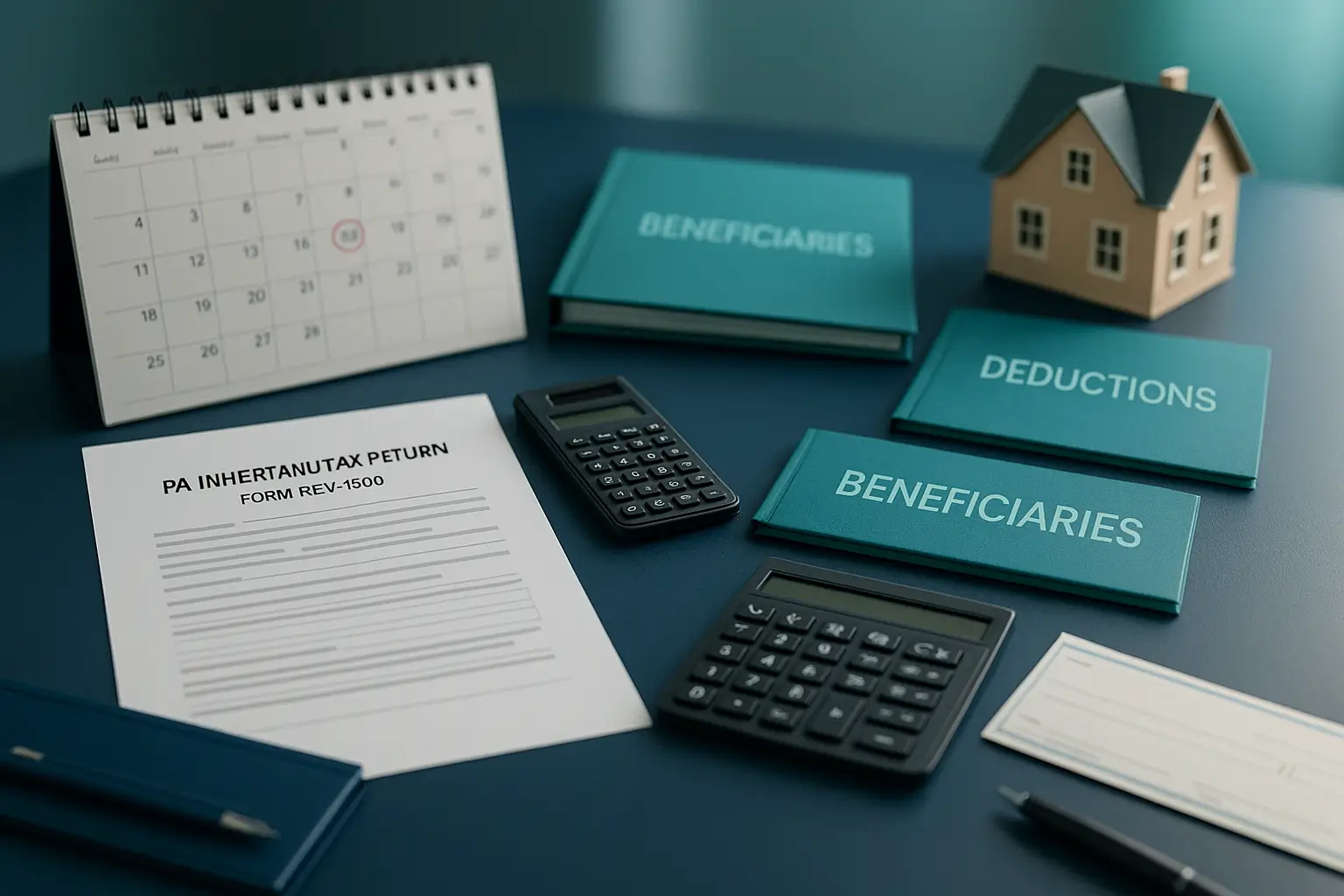 Navy-blue desk with inheritance tax return documents, checkbook, and teal folders symbolizing PA Probate Help executor’s preparation and filing of Pennsylvania inheritance tax return by the 9-month deadline.