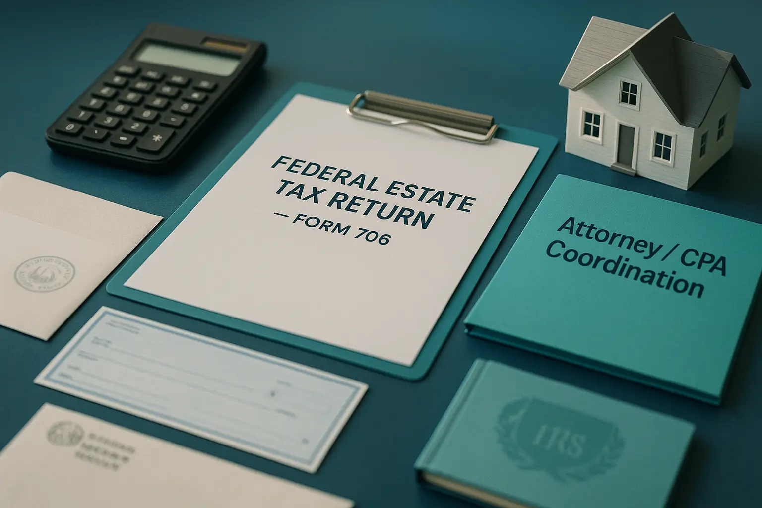 Navy-blue desk with Form 706 federal estate tax documents, teal folder, calculator, and house model symbolizing PA Probate Help executor coordination of Pennsylvania estate federal tax filing at the 9-month deadline.