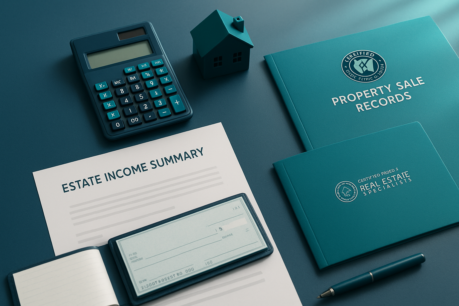 Navy-blue and teal executor desk with estate income summary documents, calculator, and house model symbolizing Certified Probate Real Estate Specialists’ professional management of Pennsylvania estate property and tax documentation.