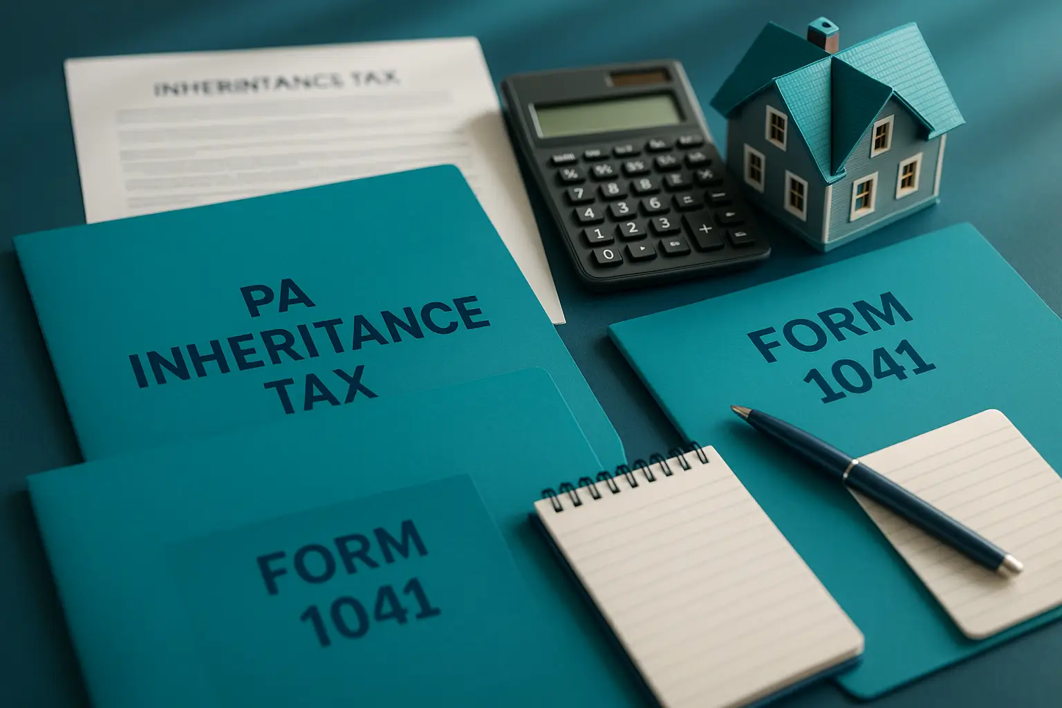 Navy-blue and teal CPA desk with estate tax folders, calculator, and house model representing Certified Probate Real Estate Specialists connecting executors with experienced Pennsylvania estate tax CPAs.