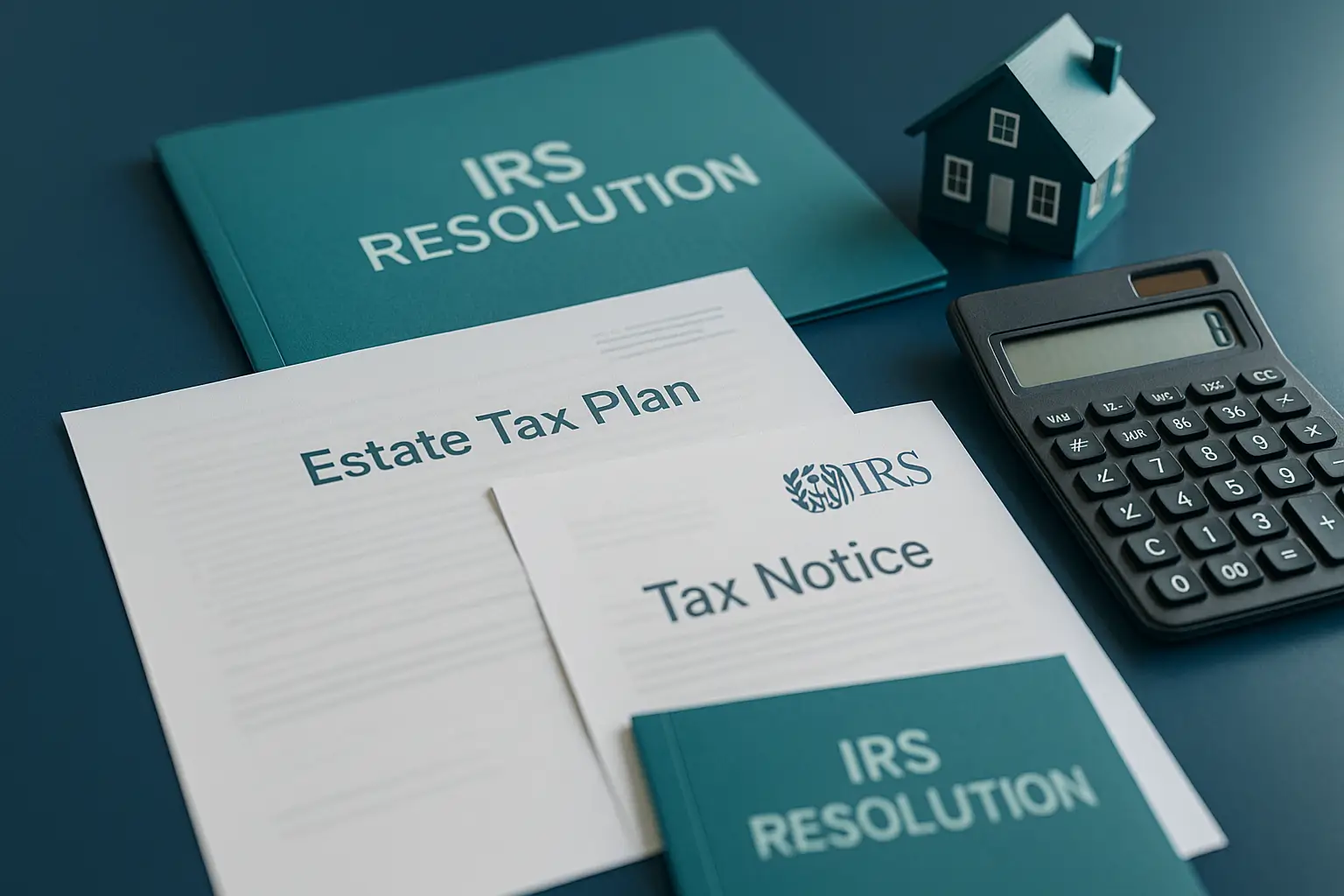Navy-blue and teal Enrolled Agent workspace with IRS documents, calculator, and house model representing Certified Probate Real Estate Specialists coordinating estate income tax and IRS resolution support in Pennsylvania.