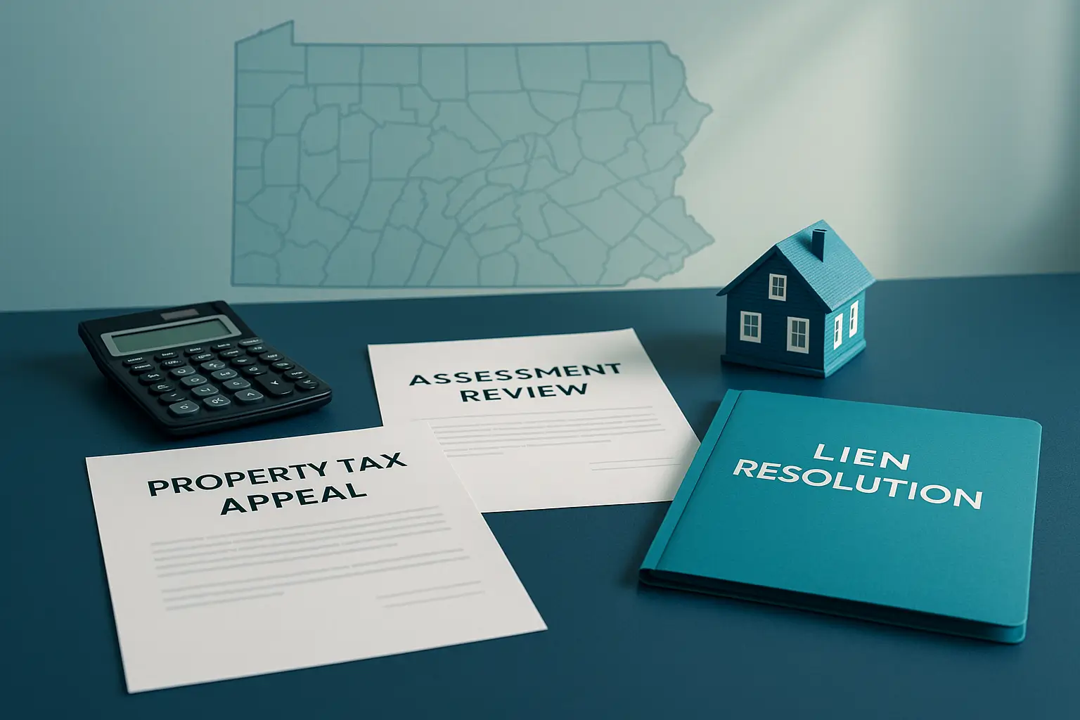 Navy-blue and teal workspace with Pennsylvania property tax documents, calculator, and house model representing Certified Probate Real Estate Specialists coordinating property tax specialists and county resources for estate property resolution.