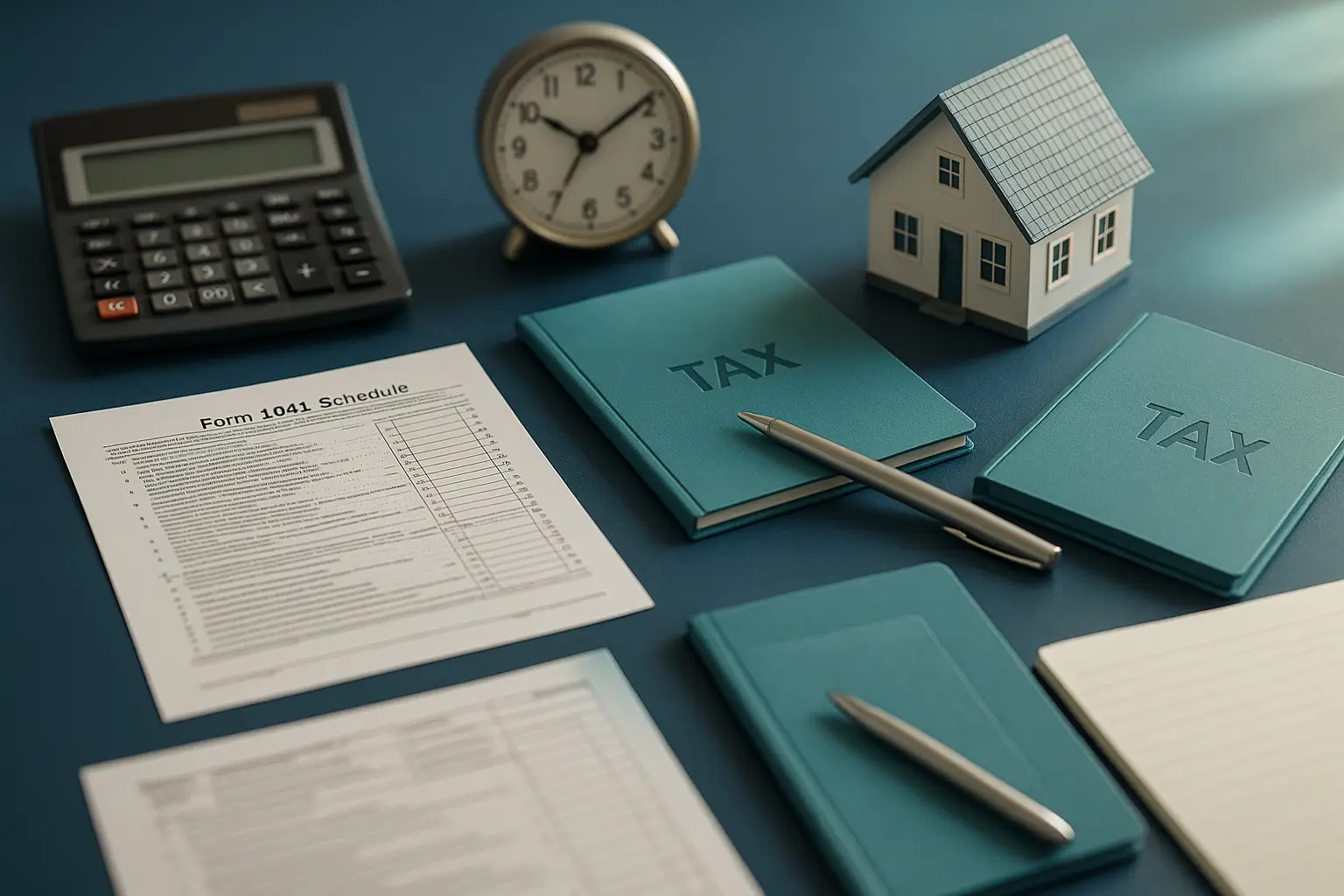 Executor tax workspace with blurred Form 1041-style documents, teal folder, calculator, ledger, and house model on a navy-blue desk, symbolizing Certified Probate Real Estate Specialists managing ongoing estate income tax obligations.